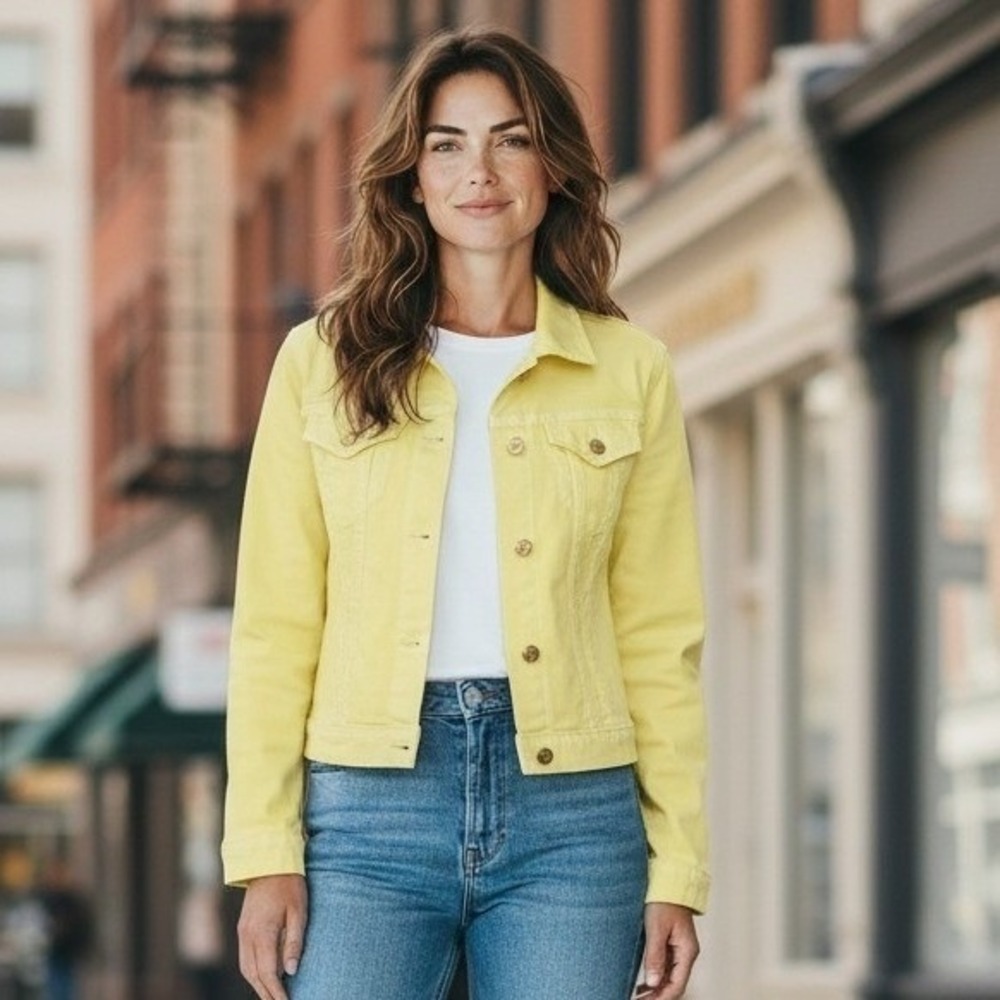 Michael Kors Denim Jacket Small Butter Yellow Distressed Seam Gold Hardware 1056